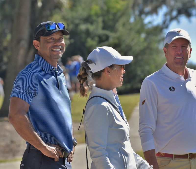 Tiger Woods and Florida State boys golf coach Trey Jones are photographed at the Class 1A state championship, where Charlie Woods and Benjamin paced the field for the title on Nov. 15, 2025.