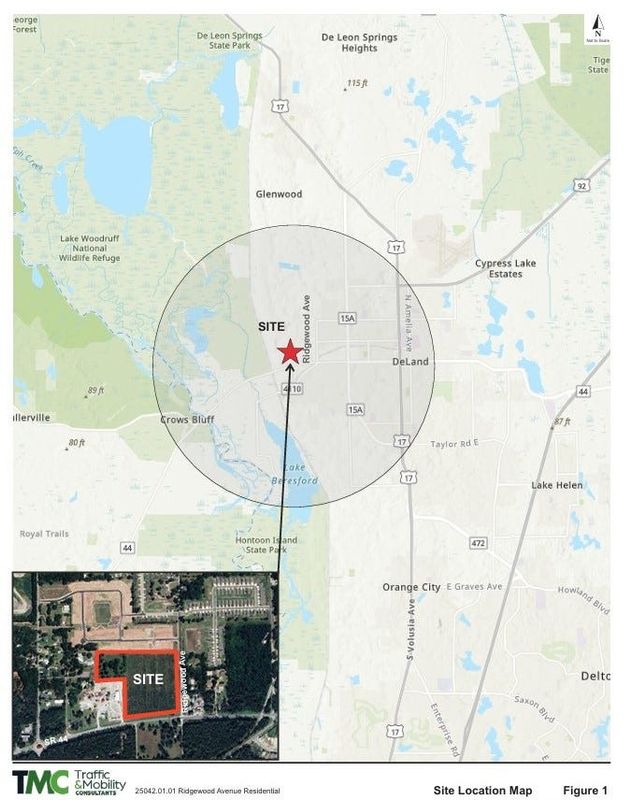 A map shows the site of a new development planned at 210 N. Ridgewood Ave., west of downtown DeLand.