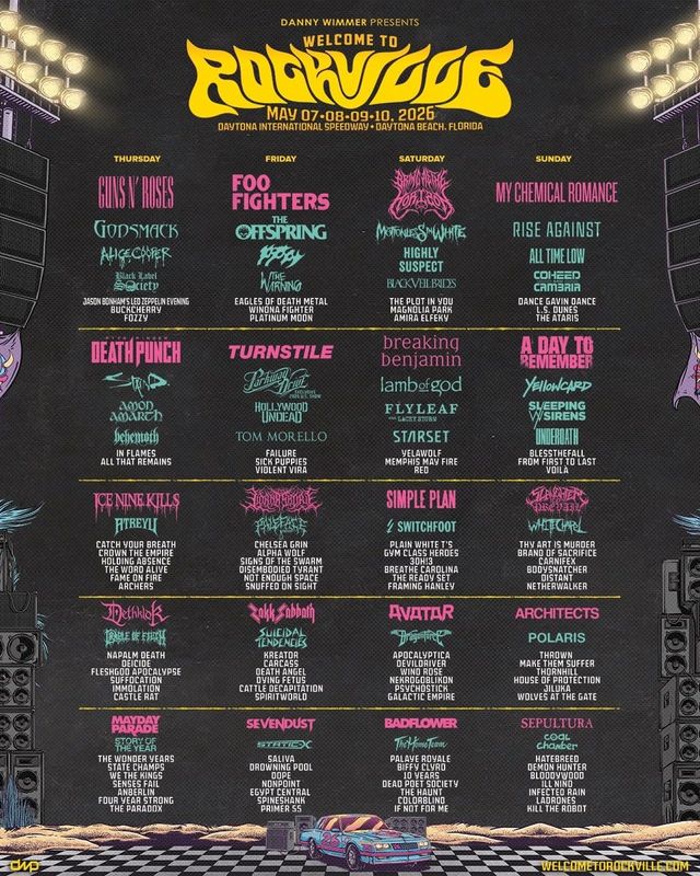 A graphic from Danny Wimmer Presents shows the full lineup of the 2026 edition of Welcome to Rockville May 7-10 at Daytona International Speedway
