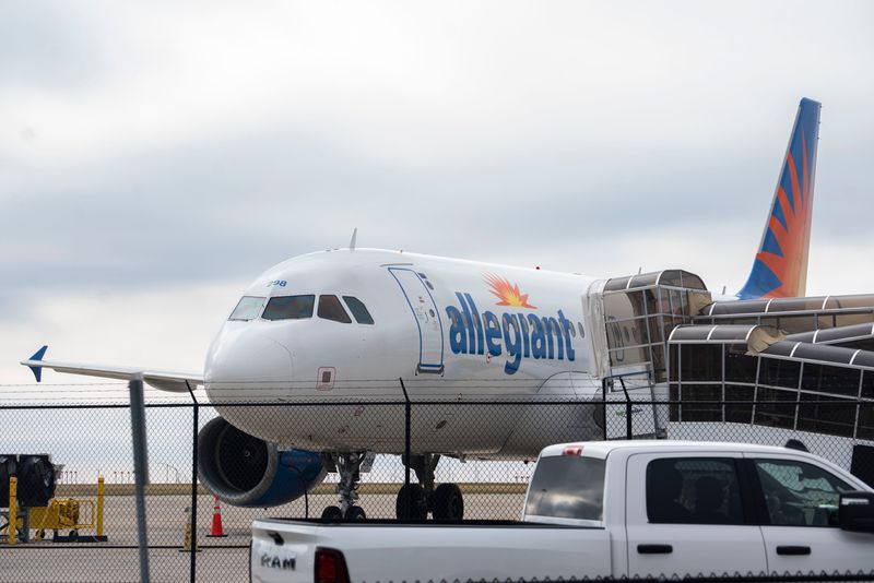 An Allegiant Airlines plane is seen at the Des Moines International Airport on Tuesday, Nov. 18, 2025, in Des Moines.