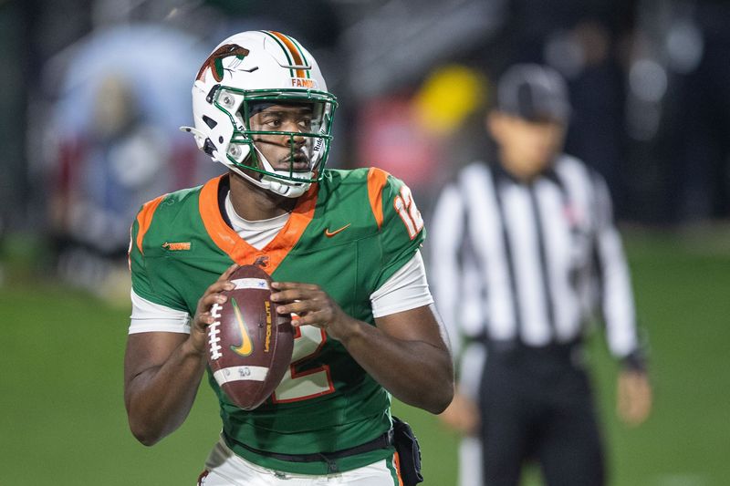 Florida A&M Rattlers quarterback RJ Johnson III (12) looks to pass to a teammate. The Florida A&M Rattlers hosted the Jackson State Tigers at Bragg Memorial Stadium on Saturday, Nov. 1, 2025.