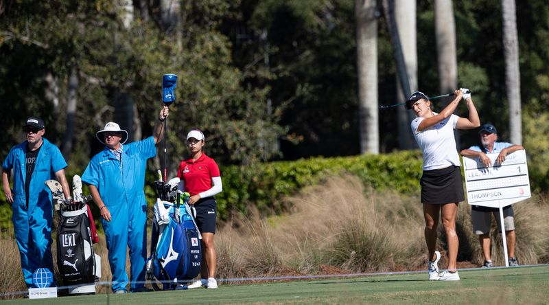 Lexi Thompson takes part in the first round of the 2025 CME Group Tour Championships at Tiburon Golf Club at the Ritz Carlton Golf Resort in Naples on Thursday, Nov. 20, 2025.