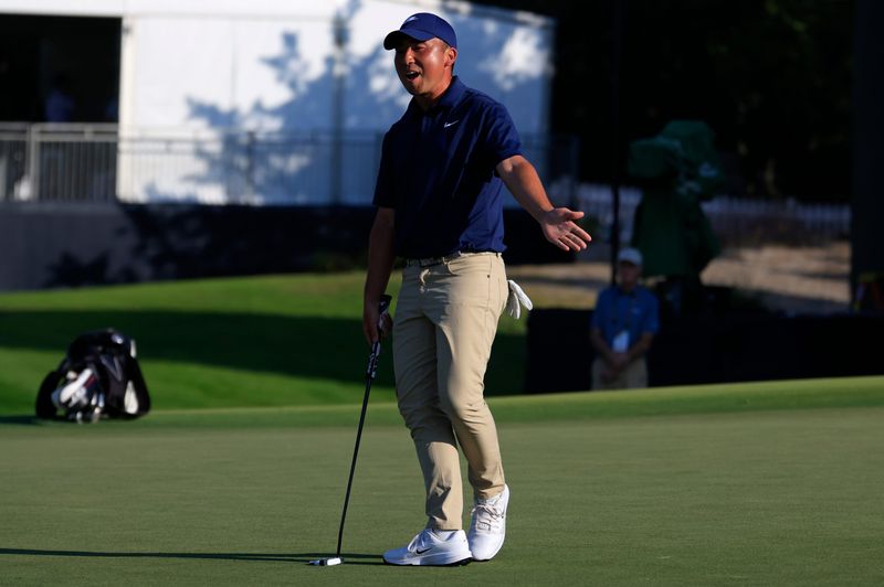 Doug Ghim reacts to the miss of a birdie-putt attempt at the 18th hole of the Sea Island Resort Seaside Course on Nov. 20 that would have given him the outright lead in the RSM Classic. Ghim is among a three-way tie with Davis Thompson and Rico Hoey.