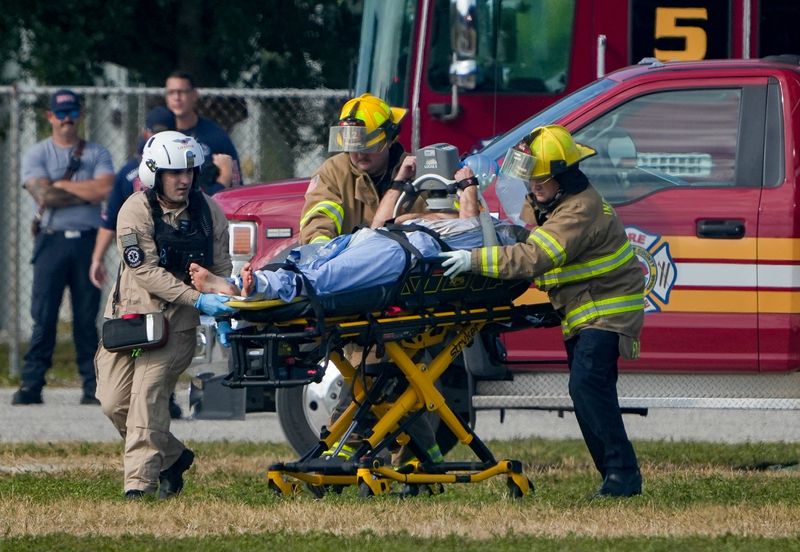 Martin County Fire Rescue transports a person from the Indian River County Fairgrounds, Nov. 21, 2025, after a deputy involved shooting.