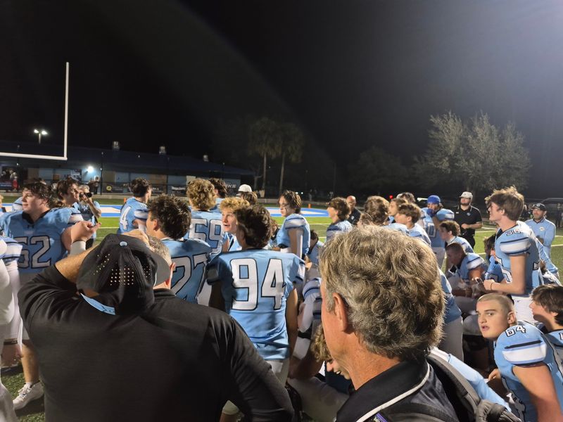 Ponte Vedra players gather after defeating Beachside 38-3 in the FHSAA Region 1-5A high school football playoffs on Nov. 21, 2025. [Clayton Freeman/Florida Times-Union]