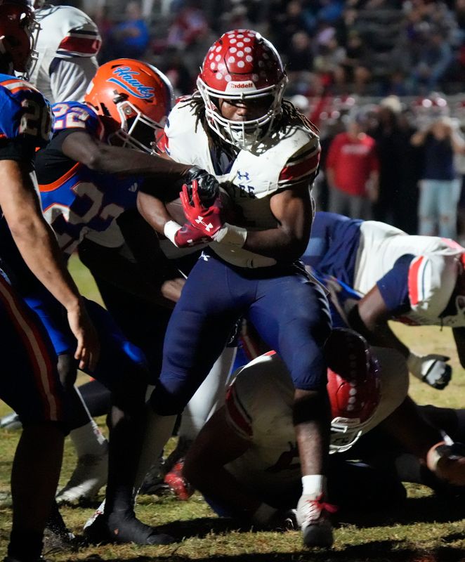 Manatee High School player Keith Smith rushes for a touchdown. The Manatee Hurricanes defeated the Cape Coral Seahawks Friday, November 21, 2025 in the class 5A regional semifinal playoff game. Manatee won with a final score of 55-29.