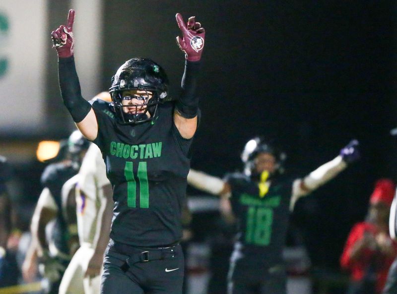 Choctaw CB Jordan Figueroa celebrates after Choctaw regained control of the ball on their own two yard line with less than 35 seconds remaining in their District 4A Regional semifinal football game against Columbia at Choctaw. The Indians advanced to the regional final with a 27-20 win.