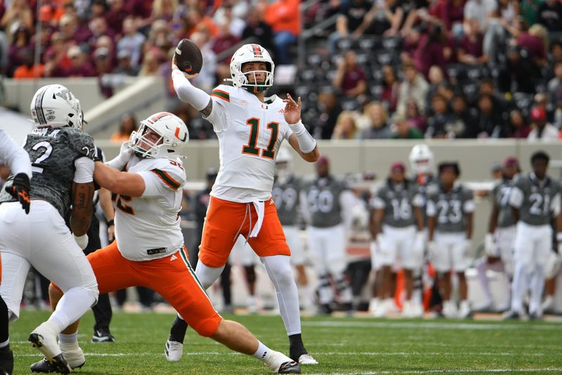 Nov 22, 2025; Blacksburg, Virginia, USA; Miami (FL) Hurricanes quarterback Carson Beck (11) throws a pass against the Virginia Tech Hokies during the first quarter at Lane Stadium. Mandatory Credit: Brian Bishop-Imagn Images