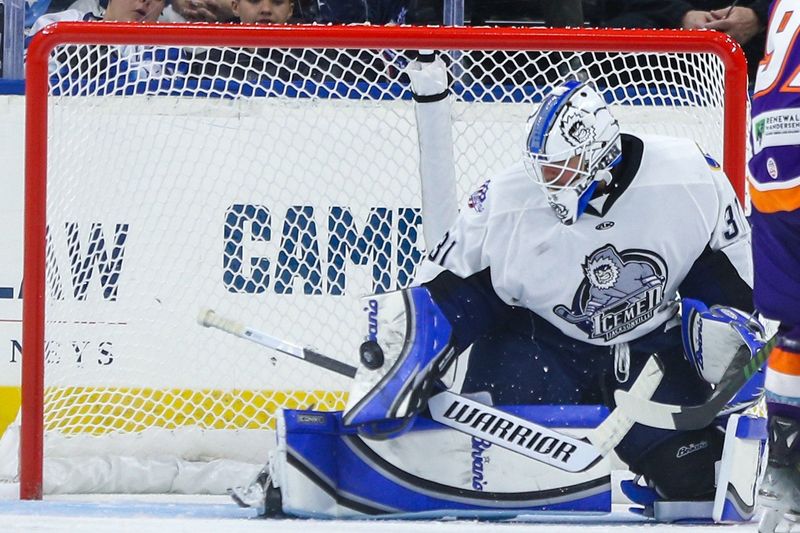 Jacksonville Icemen goaltender Cameron Rowe (31) blocks a Orlando Solar Bears' shot on goal during an ECHL hockey game at Veterans Memorial Arena in Jacksonville, Fla., Saturday, Nov. 22, 2025. [Gary Lloyd McCullough/Provided by the Jacksonville Icemen]