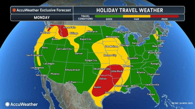 AccuWeather's predicted travel weather forecast for Nov. 24, 2025, for the U.S.