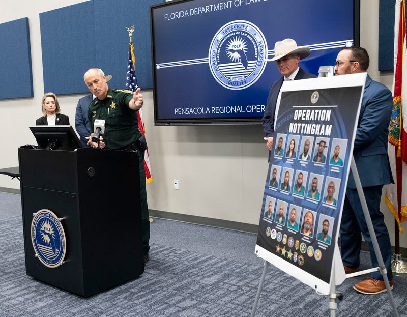 Escambia County Sheriff Chip Simmons speaks during a Florida Department of Law Enforcement press conference to discuss Operation Nottingham on Nov. 24, 2025. The multi-agency law enforcement operations led to the arrest of 15 people, seizure of 30 firearms, $60,000 in cash, and a large cache of drugs, including a large amount of fentanyl.