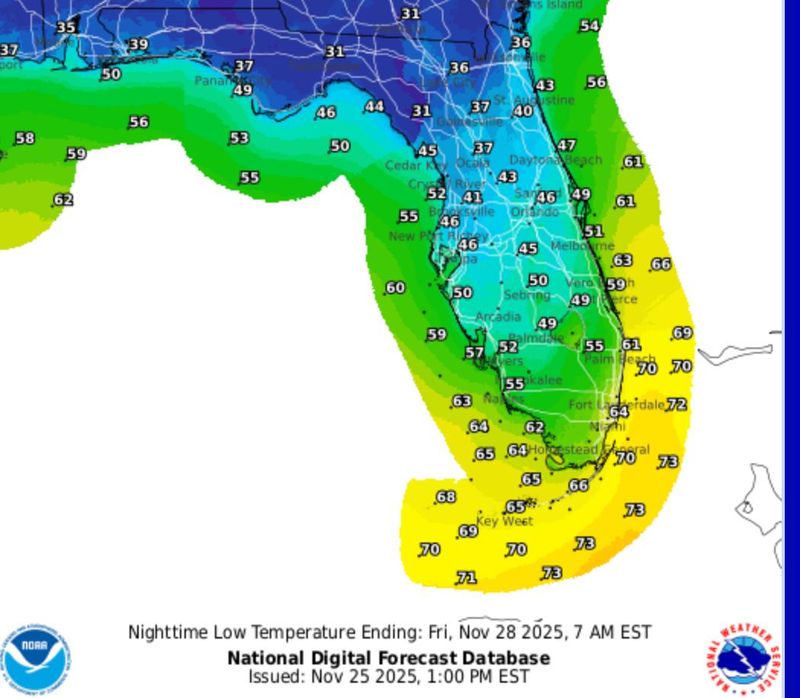 The National Weather Forecast low temperatures map for Nov. 27.
