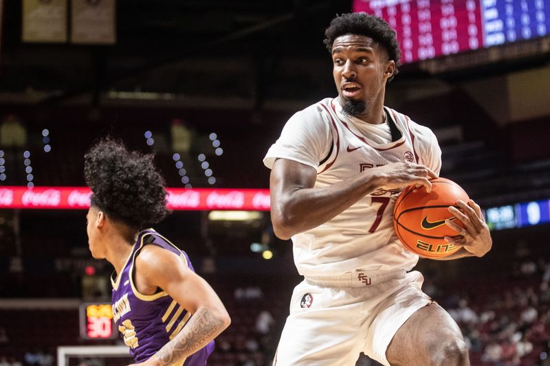 Florida State Seminoles forward Chauncey Wiggins (7) gets the rebound. The Florida State Seminoles lead the Alcorn State Braves 58-44 at the half on Tuesday, Nov. 4, 2025.