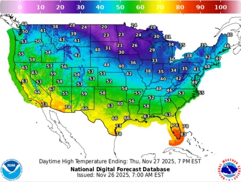 South Florida will likely be the warmest area in the U.S. on Thanksgiving as a cold wave sweeps the rest of the country.