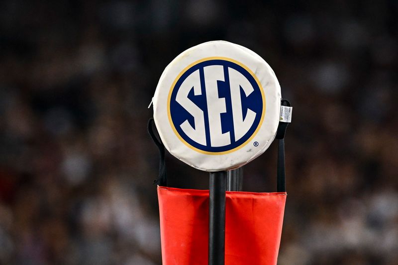 Nov 16, 2024; College Station, Texas, USA; A detail view of the SEC logo on a chain marker during the game between the Texas A&M Aggies and the New Mexico State Aggies at Kyle Field. Mandatory Credit: Maria Lysaker-Imagn Images