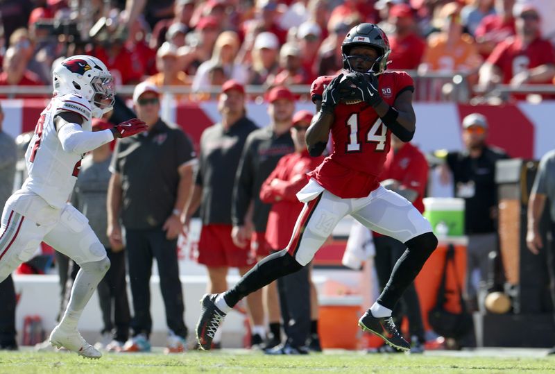 Nov 30, 2025; Tampa, Florida, USA; Tampa Bay Buccaneers wide receiver Chris Godwin Jr. (14) makes a catch against Arizona Cardinals cornerback Garrett Williams (21) during the first half at Raymond James Stadium. Mandatory Credit: Nathan Ray Seebeck-Imagn Images