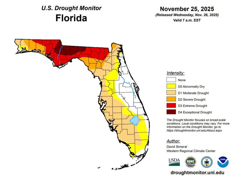 About 80% of Florida is abnormally dry or in drought according to the U.S. Drought Monitor report released Nov. 26, 2025.