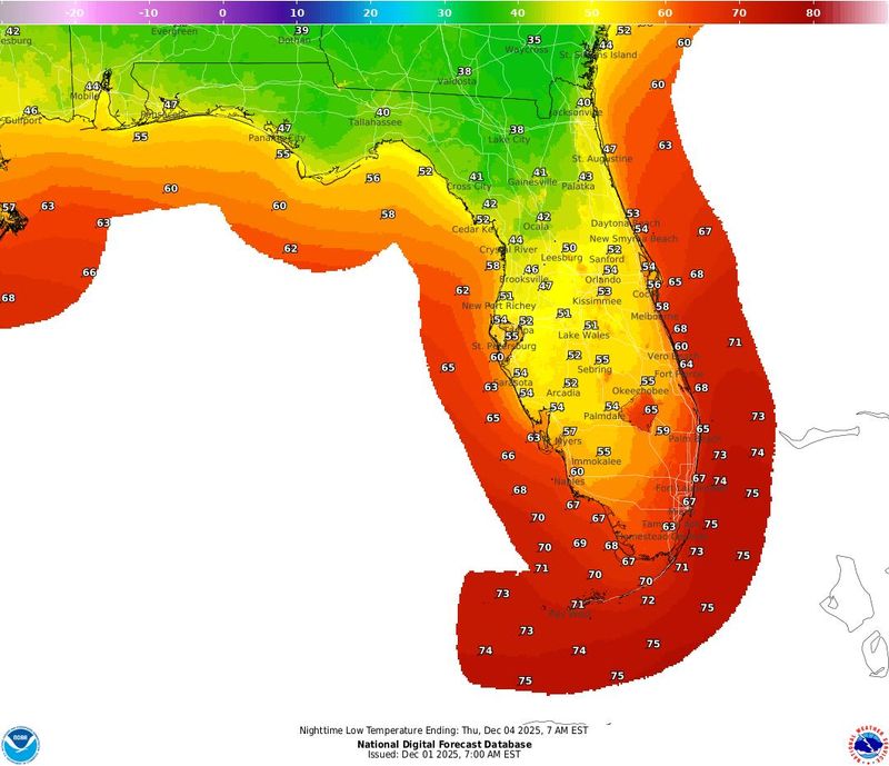 Expected low temperatures for Dec. 3, 2025.