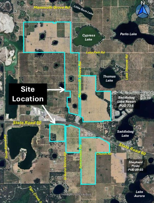 An aerial map of the proposed sand mine east of Lake Wales and just west of Saddlebag Lake Resort.