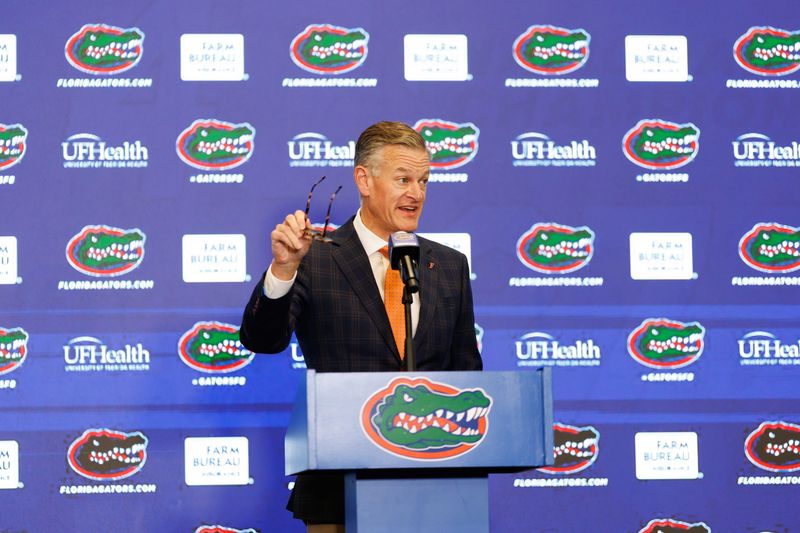 Dec 1, 2025; Gainesville, FL, USA; Florida Gators athletic director Scott Stricklin talks during the press conference at the Heavener Football Training Center at the University of Florida. Mandatory Credit: Matt Pendleton-Imagn Images