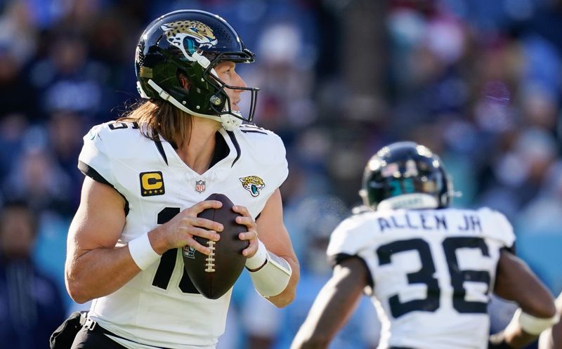 Jacksonville Jaguars quarterback Trevor Lawrence (16) looks downfield during the third quarter against the Tennessee Titans at Nissan Stadium in Nashville, Tenn., Sunday, Nov. 30, 2025.