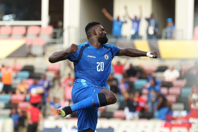 Haiti forward Frantzdy Pierrot celebrates after scoring a goal against Trinidad and Tobago in the second half during a group stage match of the Gold Cup at Shell Energy Stadium in Houston on June 19, 2025.