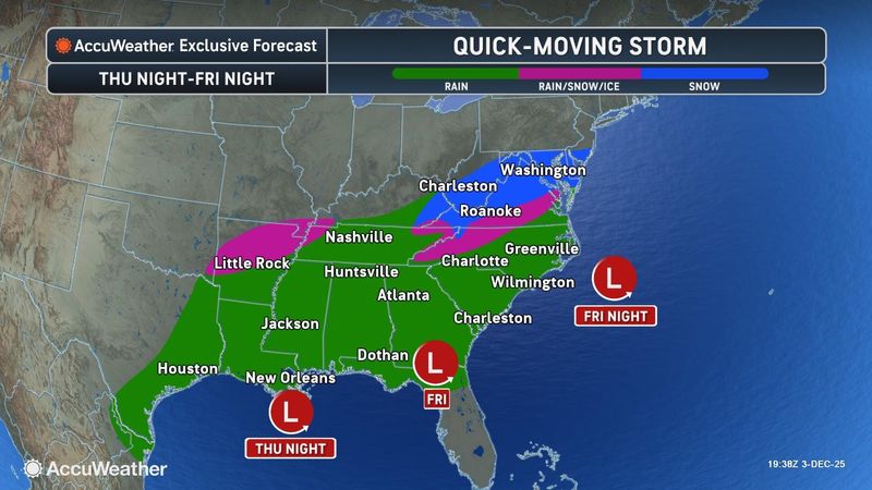 This weather map from Accuweather shows expected conditions from the quick-moving winter storm on the East Coast from Dec. 4-5, 2025.