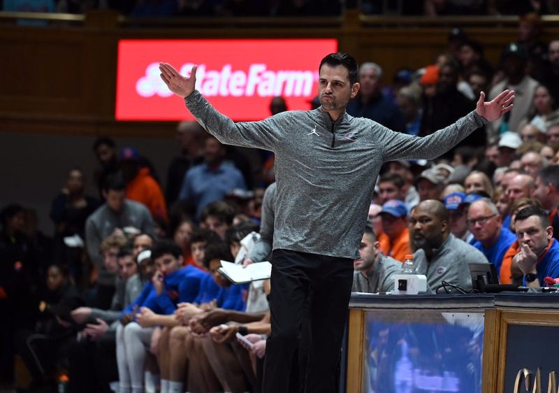 Dec 2, 2025; Durham, North Carolina, USA; Florida Gators head coach Todd Golden reacts during the first half against the Duke Blue Devils at Cameron Indoor Stadium. Mandatory Credit: Rob Kinnan-Imagn Images