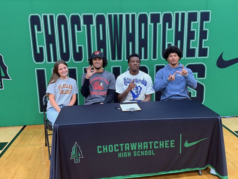 From left, Choctawhatchee seniors Izzy Harter, Mario Alloway, Zion Legree and Ellis Alloway celebrate their signings with their respective colleges.