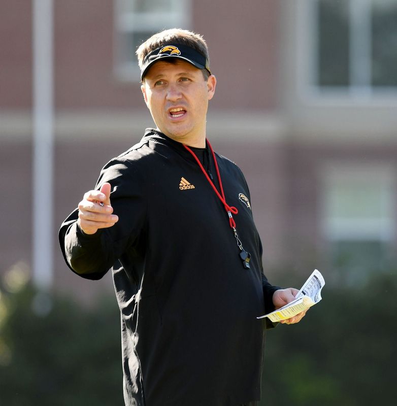 Southern Miss offensive coordinator Buster Faulkner coaches during the first day of spring practice in Hattiesburg on Tuesday, March 19, 2019.

Syndication Hattiesburg