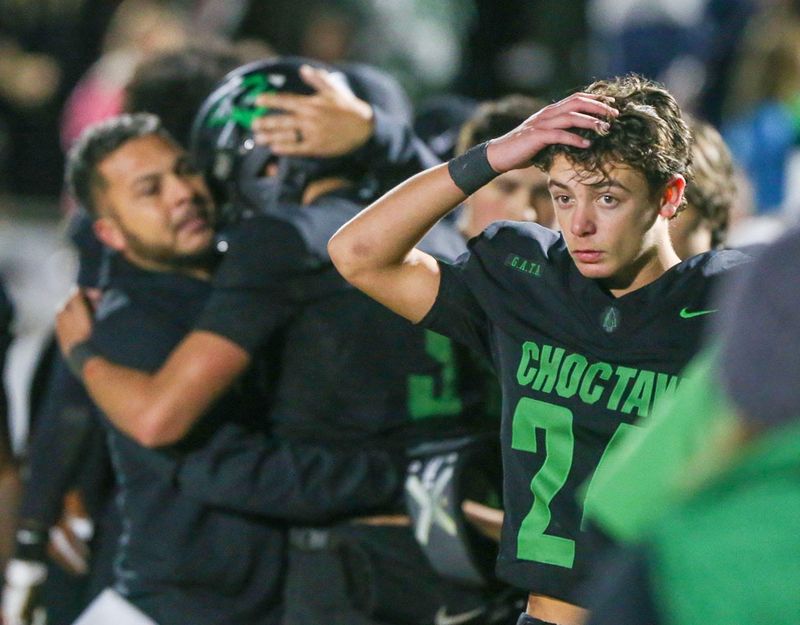 Choctaw WR Brody Brechtel reacts after American Heritage defeated the Indians in their District 4A State semifinal football game at Choctaw.