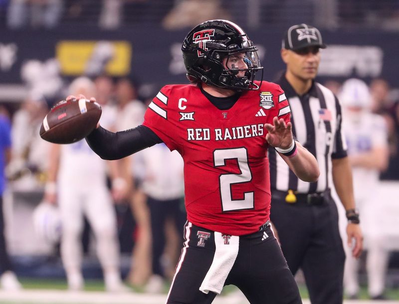 Texas Tech's Behren Morton prepares to throw against BYU during the Big 12 Conference championship football game, Saturday, Nov. 6, 2025, at AT&T Stadium in Arlington.
