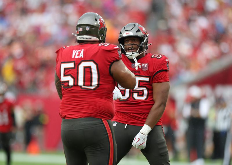 Dec 7, 2025; Tampa, Florida, USA; Tampa Bay Buccaneers defensive tackle Vita Vea (50) and defensive end Elijah Roberts (95) react during the first quarter against the New Orleans Saints at Raymond James Stadium. Mandatory Credit: Nathan Ray Seebeck-Imagn Images