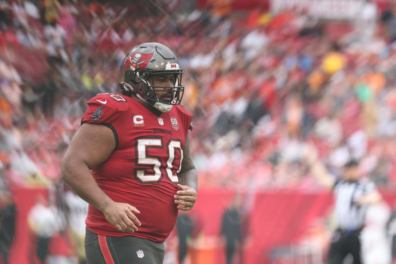 Dec 7, 2025; Tampa, Florida, USA; Tampa Bay Buccaneers defensive tackle Vita Vea (50) runs on the field during the fourth quarter against the New Orleans Saints at Raymond James Stadium. Mandatory Credit: Nathan Ray Seebeck-Imagn Images