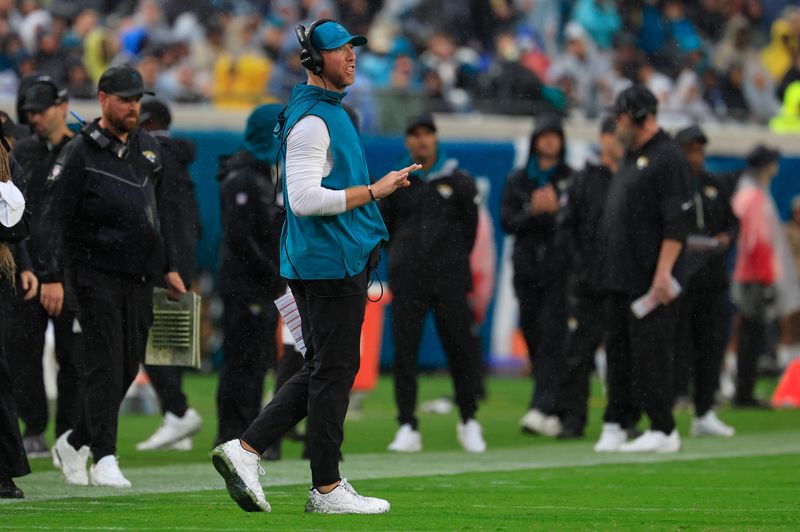 Jacksonville Jaguars head coach Liam Coen coaches during the third quarter of an NFL football game at EverBank Stadium, Sunday, Dec. 7, 2025, in Jacksonville, Fla. The Jaguars defeated the Colts 36-19. [Corey Perrine/Florida Times-Union]