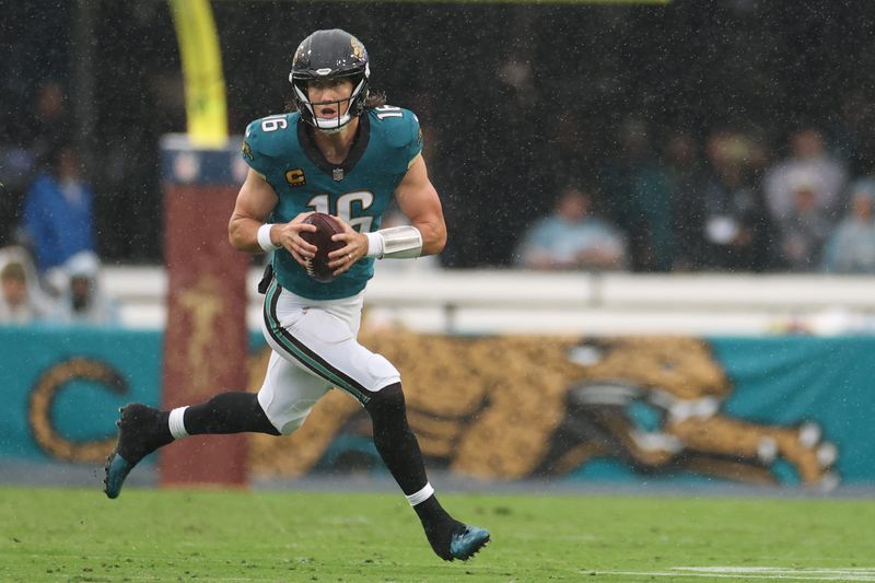 Dec 7, 2025; Jacksonville, Florida, USA; Jacksonville Jaguars quarterback Trevor Lawrence (16) rolls out against the Indianapolis Colts during the second half at EverBank Stadium. Mandatory Credit: Matt Pendleton-Imagn Images