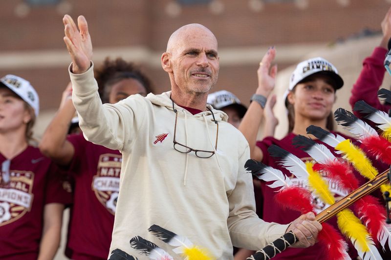 The Florida State University women’s soccer head coach Brian Pensky and the team are welcomed back to campus with a celebration after claiming the Women’s College Cup in Kansas City, Missouri, Tuesday, Dec. 9, 2025.