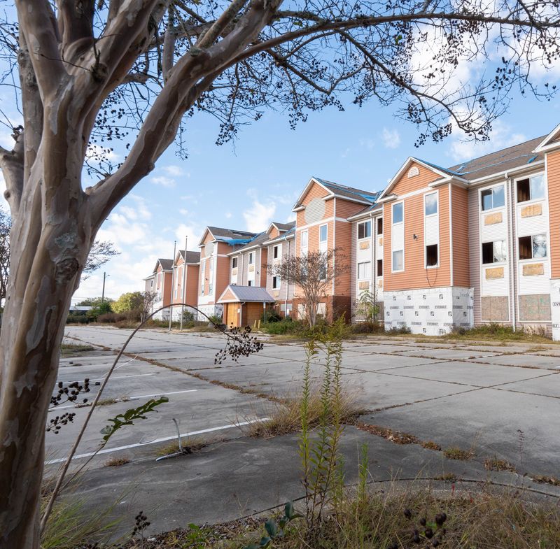 The former Suburban Extended Stay building stands in disrepair at the corner of Barrancas Avenue and South Old Corry Field Road in Warrington on Dec. 10, 2025. A developer is considering buying the longtime Warrington eyesore and reopen it as a different hotel.