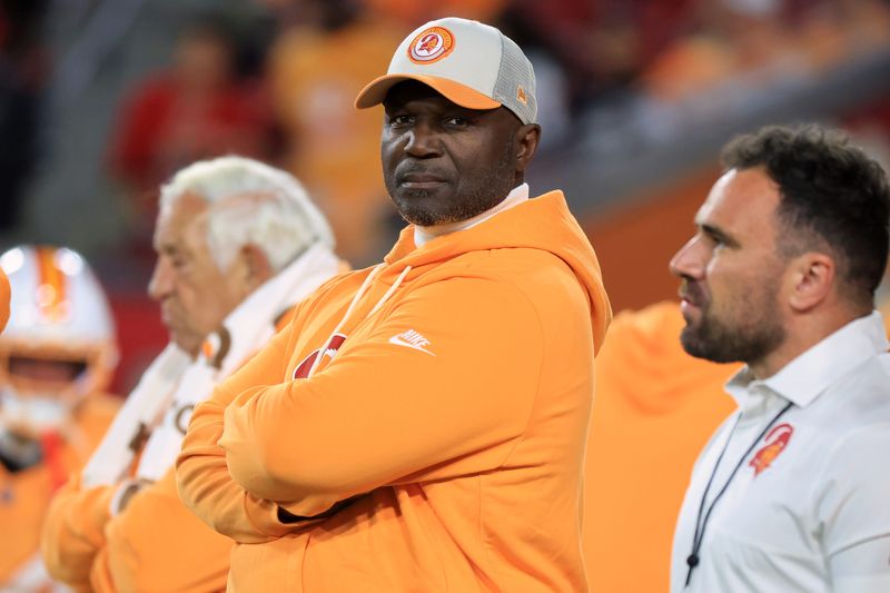 Dec 11, 2025; Tampa, Florida, USA; Tampa Bay Buccaneers head coach and defensive coordinator Todd Bowles looks on before the game against the Atlanta Falcons at Raymond James Stadium. Mandatory Credit: Kim Klement Neitzel-Imagn Images