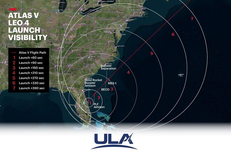 A United Launch Alliance Atlas V rocket may be visible beyond Cape Canaveral, Florida, overnight Monday, Dec. 15, 2025. This launch visibility map shows when and where your best chances are to see the rocket as it lifts off at 3:49 a.m. EST and heads northeasterly into space.