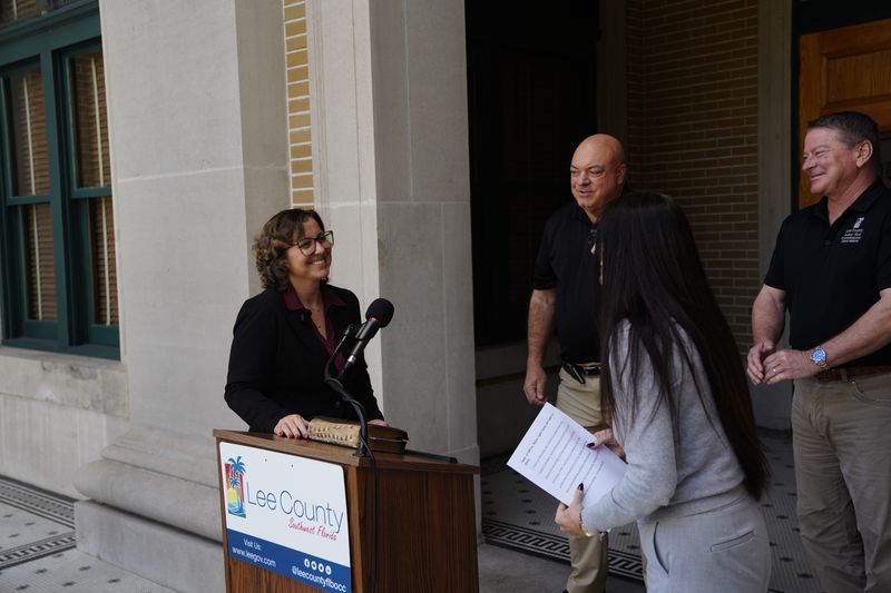 Patricia “Trish” Petrosky was sworn in as the new Lee County commissioner in front of the Old Lee County Courthouse in Fort Myers on Monday, Dec. 15, 2025. Gov. Ron DeSantis appointed her Dec. 12 to fill the District 5 seat left open when Commissioner Mike Greenwell died in October. Lee County Commissioners, Cecil Pendergrass and David Mulicka were present as well.