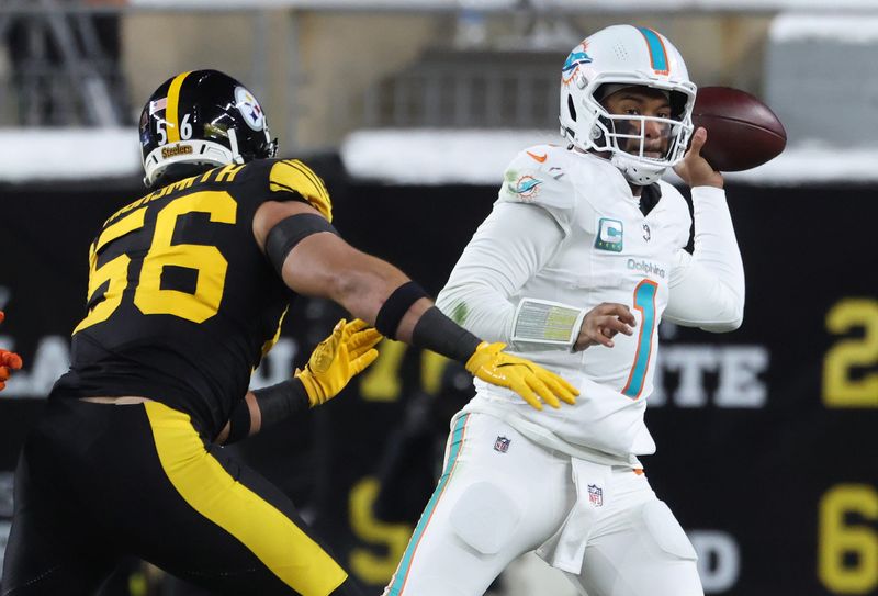 Dec 15, 2025; Pittsburgh, Pennsylvania, USA; Miami Dolphins quarterback Tua Tagovailoa (1) looks to throw in the second quarter against the Pittsburgh Steelers at Acrisure Stadium. Mandatory Credit: Charles LeClaire-Imagn Images