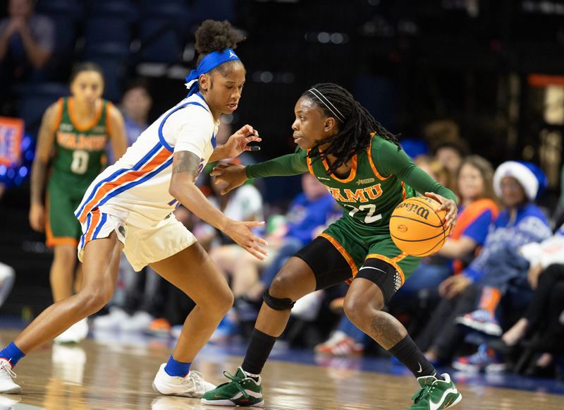 Florida guard Laila Reynolds (13) pressures Florida A&M guard Shaniyah McCarthy (22) during the first half of an NCAA women’s basketball game at Steven C. O'Connell Center Exactek arena in Gainesville, FL on Wednesday, December 17, 2025. [Alan Youngblood/Gainesville Sun]