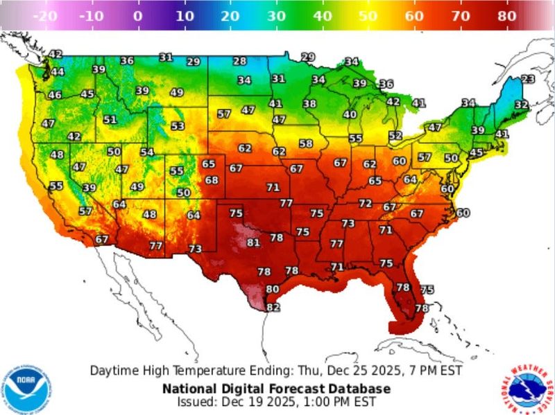 National Weather Service forecast high temperatures for Dec. 25, 2025.