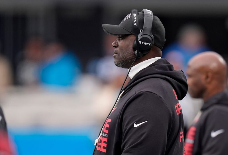 Dec 21, 2025; Charlotte, North Carolina, USA; Tampa Bay Buccaneers head coach Todd Bowles during the first half against the Carolina Panthers at Bank of America Stadium. Mandatory Credit: Jim Dedmon-Imagn Images