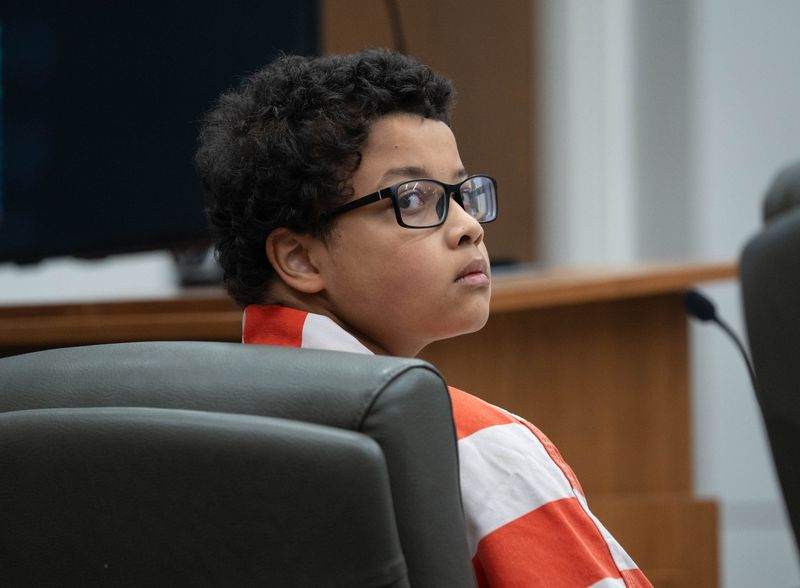 14-year-old Kimahri Blevins listens during his pretrial detention hearing at the Santa Rosa County Court House in Milton on Dec. 22, 2025. Blevins has been indicted for first-degree premeditated murder with a firearm for the death of 14-year-old Danika Troy.