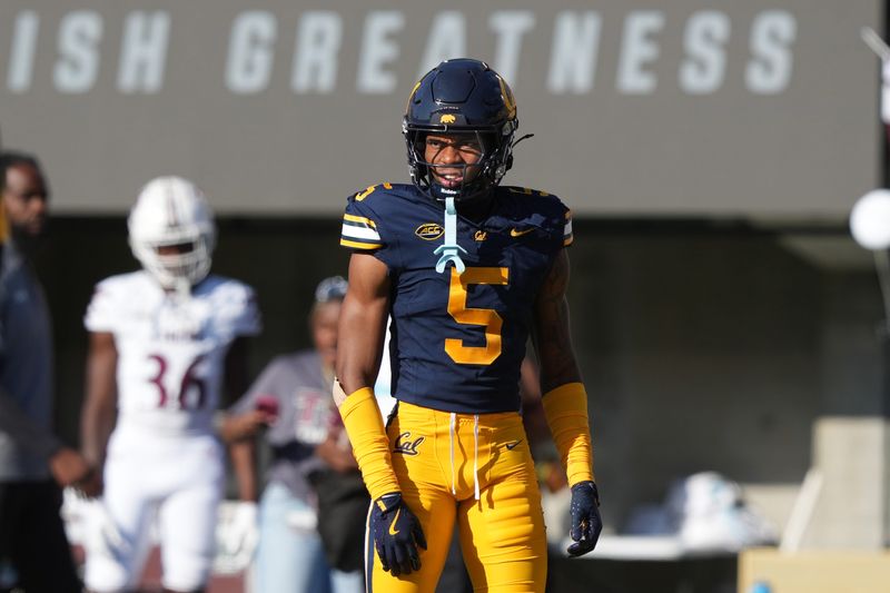 Sep 6, 2025; Berkeley, California, USA; California Golden Bears defensive back Hezekiah Masses (5) during the third quarter against the Texas Southern Tigers at California Memorial Stadium. Mandatory Credit: Darren Yamashita-Imagn Images