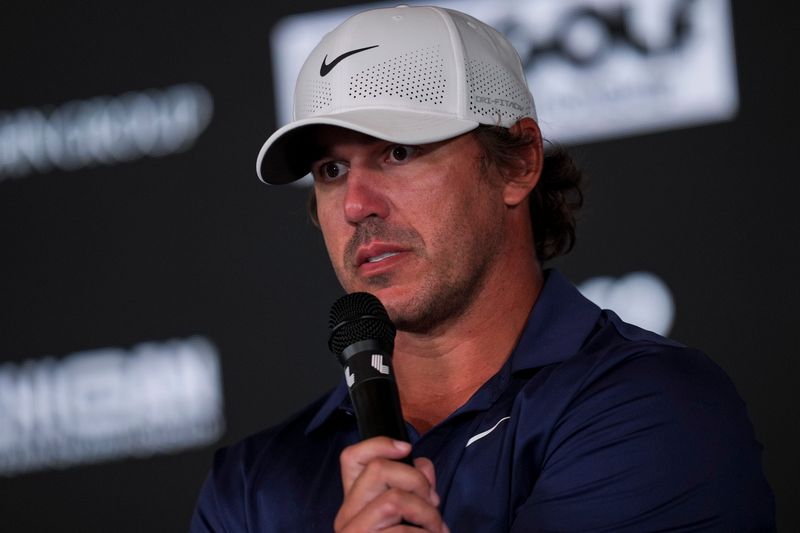 Aug 22, 2025; Detroit, Michigan, USA; Brooks Koepka of Smash GC address the media after the quarterfinals of the LIV Golf Michigan Team Championship at The Cardinal at Saint John's Resort. Mandatory Credit: Aaron Doster-Imagn Images