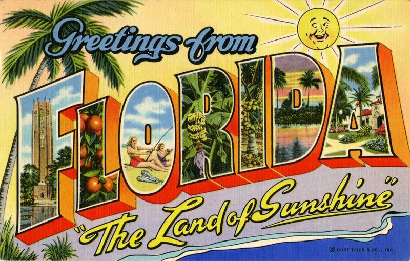Greetings from Florida, "The Land of Sunshine." A Teich Company postcard from 1942. It has all the elements of a classic “Greetings from Florida” postcard.