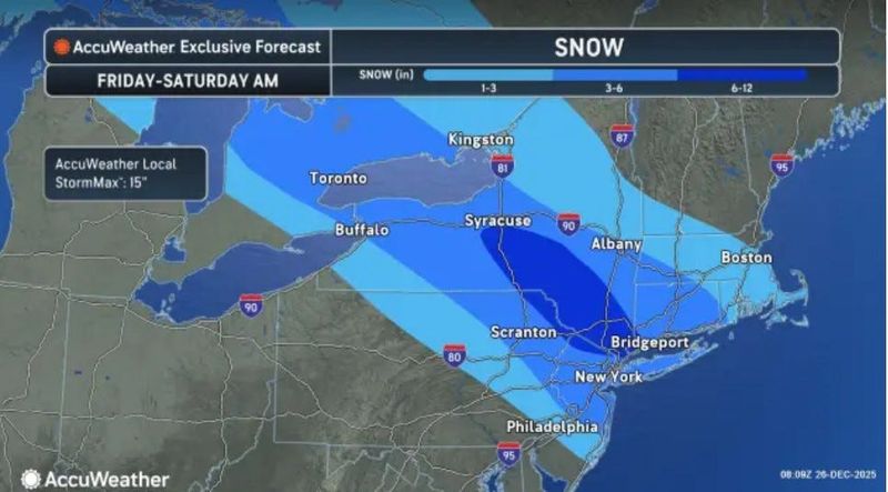 AccuWeather snow forecast for Dec. 26 through Dec. 27, 2025.